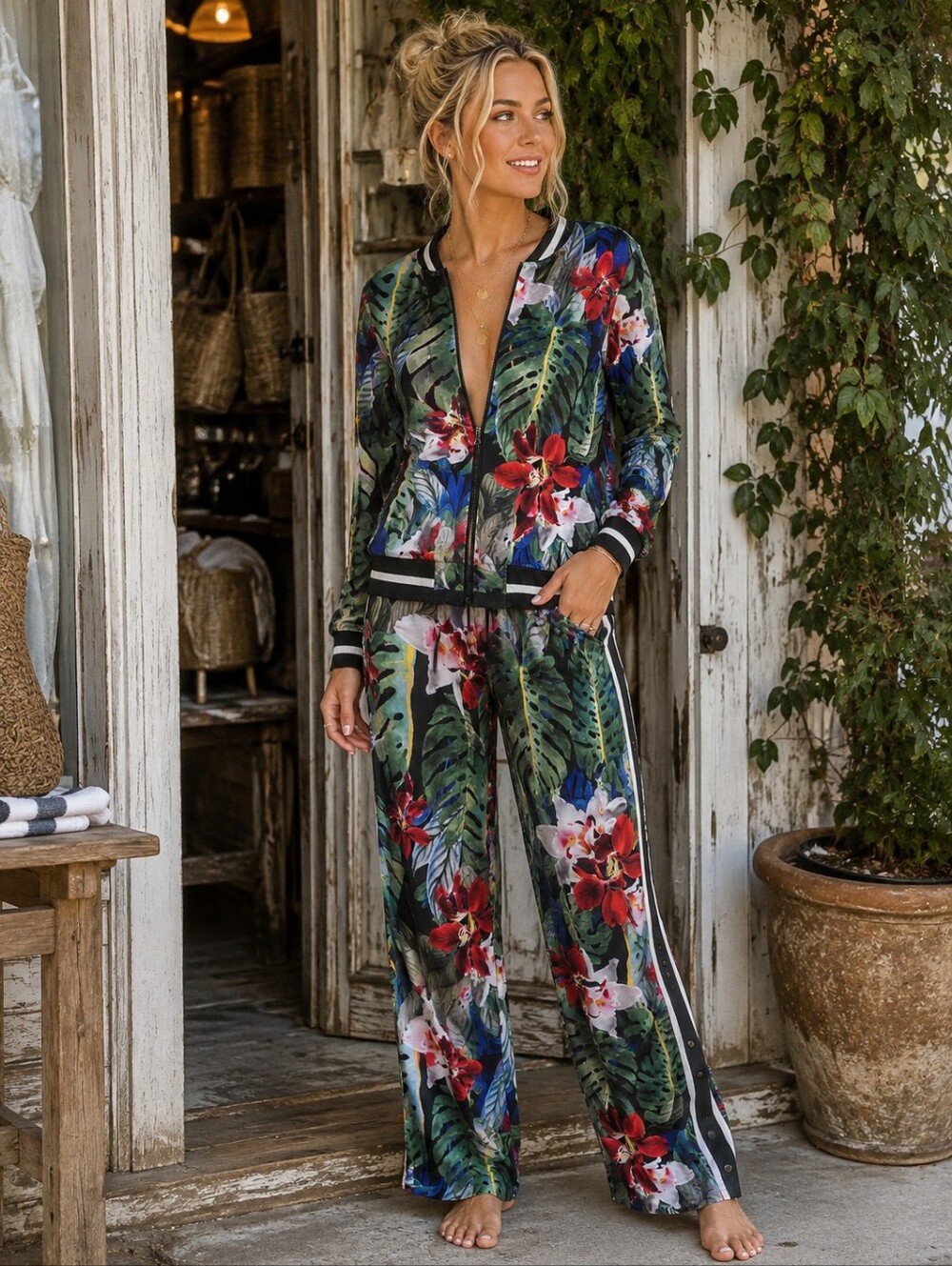 Anthropologie Track Suit NWT Tropical Floral Wide-Leg Pants With Matching Jacket